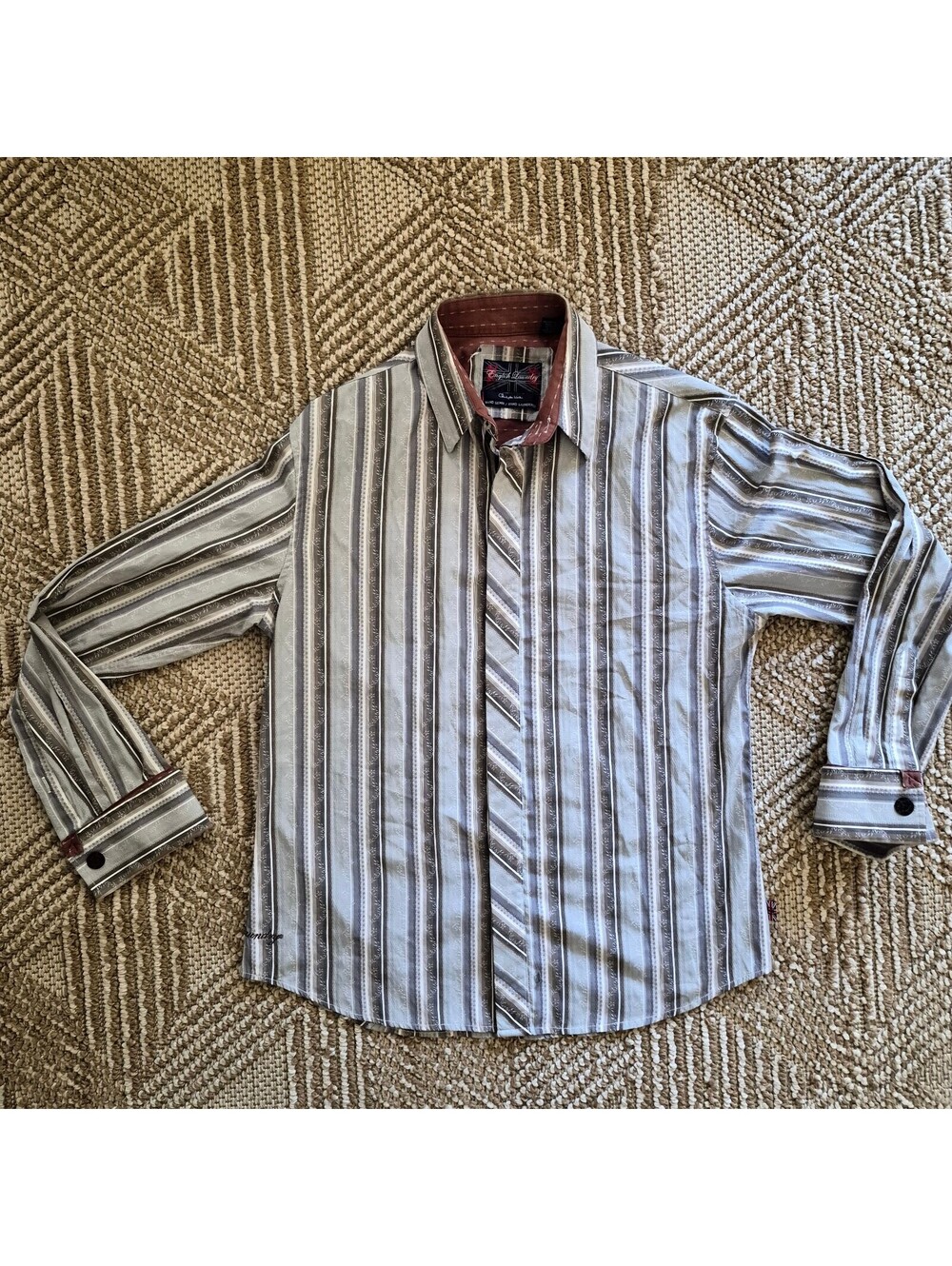 VTG Y2k Mens English Laundry Striped Button Crown Embroidered Chevron Yoke L